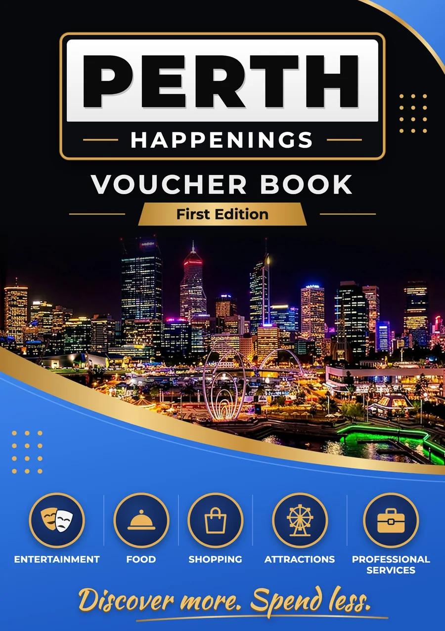 Perth Happenings Voucher Book, First Edition cover showing the Perth skyline at night and the categories Entertainment, Food, Shopping, Attractions and Professional Services